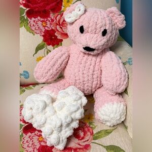 Handmade Hand Crafted Knit Valentine Teddy Bear with Heart Pillow pink white